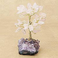 Rose quartz gemstone tree, 'Sweet Leaves' - Rose Quartz Gemstone Tree with an Amethyst Base from Brazil