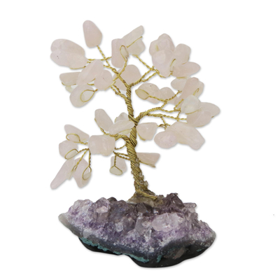 Rose quartz gemstone tree, 'Sweet Leaves' - Rose Quartz Gemstone Tree with an Amethyst Base from Brazil