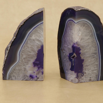 Achat-Buchstützen, 'Regal Crystal - Achatgeodätische Buchstützen mit violettem Kern aus Brasilien
