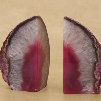 Agate bookends, 'Lovely Crystal' - Agate Geode Bookends with a Pink Core from Brazil