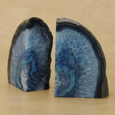 Agate bookends, 'Blue Crystal' - Blue Agate Geode Bookends Crafted in Brazil