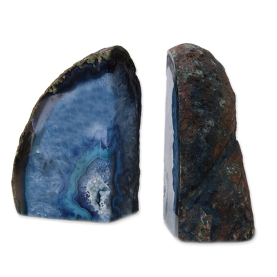 Agate bookends, 'Blue Crystal' - Blue Agate Geode Bookends Crafted in Brazil