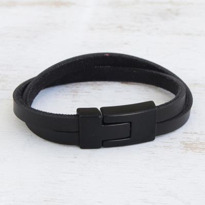 Faux leather wristband bracelet, 'Bold Overlap in Black' - Modern Faux Leather Wristband Bracelet with a Black Clasp