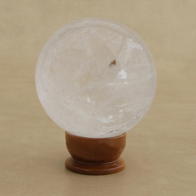Quartz sculpture, 'Crystal Depths' - Polished Translucent Quartz Sphere on Wood Base Sculpture