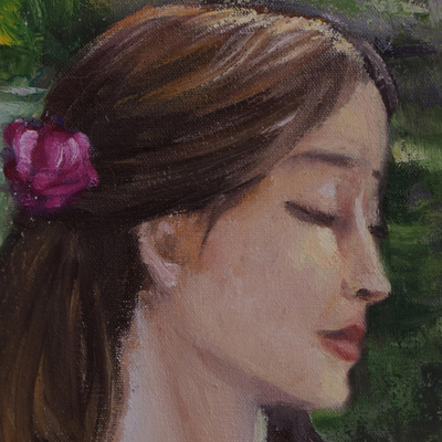 'Garden of Nymphs' - Signed Impressionist Painting of a Girl in a Garden