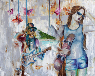 'Rock in Copacabana' - Signed Expressionist Painting Inspired by Rock Music