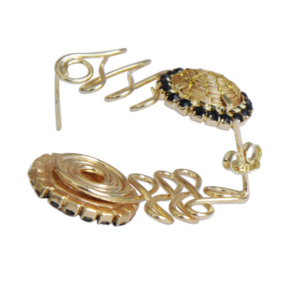Gold plated golden grass drop earrings, 'Winding Journey in Black' - Gold Plated Golden Grass Earrings with Black Glass Beads