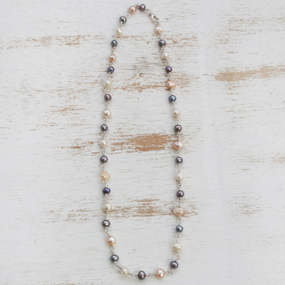 Cultured pearl link necklace, 'Sea Treasure Trio' - Pink Grey Cream Cultured Pearl Sterling Silver Link Necklace