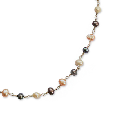 Cultured pearl link necklace, 'Sea Treasure Trio' - Pink Grey Cream Cultured Pearl Sterling Silver Link Necklace