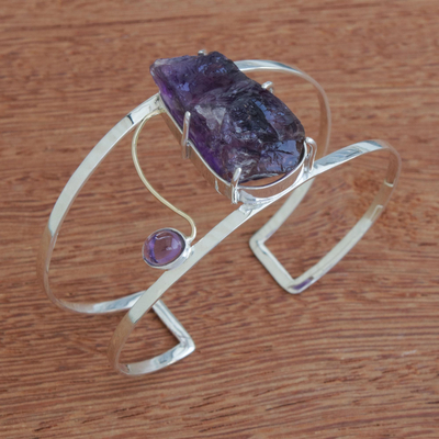 Gold accented amethyst cuff bracelet, 'Rugged Majesty' - Large Freeform Amethyst and Sterling Silver Cuff Bracelet