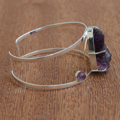 Gold accented amethyst cuff bracelet, 'Rugged Majesty' - Large Freeform Amethyst and Sterling Silver Cuff Bracelet