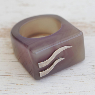 Agate signet ring, 'River Deep' - Purple-Grey Agate with Sterling Silver Accent Cocktail Ring
