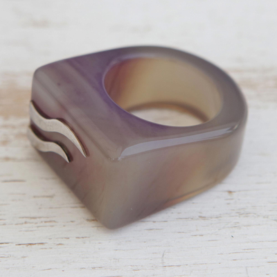 Agate signet ring, 'River Deep' - Purple-Grey Agate with Sterling Silver Accent Cocktail Ring