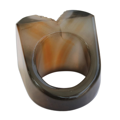 Agate cocktail ring, 'Rugged Bounty' - Brown-Grey Agate with Cultured Pearl Accent Cocktail Ring