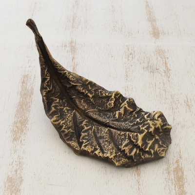 Bronze sculpture, 'Almond Leaf' (5 inch) - Signed Bronze Almond Leaf Sculpture from Brazil (5 Inch)