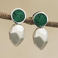 Malachite drop earrings, 'Gorgeous Goddess' - Malachite and Sterling Silver Modern Drop Earrings