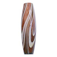 Art glass vase, 'White Waves' - White and Brown Murano-Style Art Glass Vase from Brazil