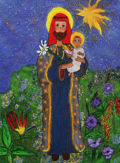 Signed Naif Painting of Saint Joseph from Brazil