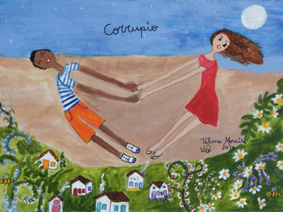 „Corrupio“ – signiertes Naif-Gemälde von zwei Kindern aus Brasilien