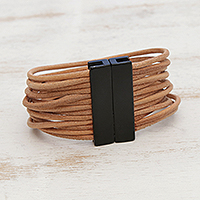 Leather strand bracelet, 'Powerful Together in Tan' - Tan Leather Cord and Stainless Steel Strand Bracelet
