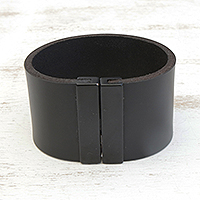 Leather wristband bracelet, 'Solid' - Unisex Black Leather and Stainless Steel Wristband Bracelet