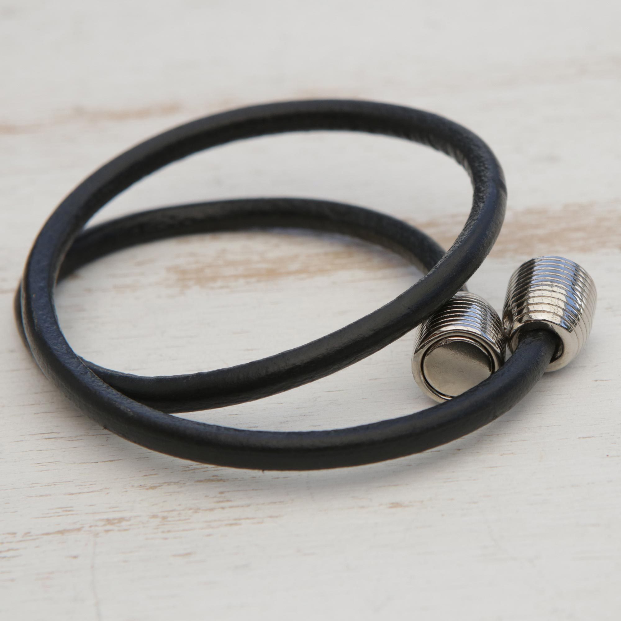 Men's Black Leather Cord Wrap Bracelet Steel Clasp Double