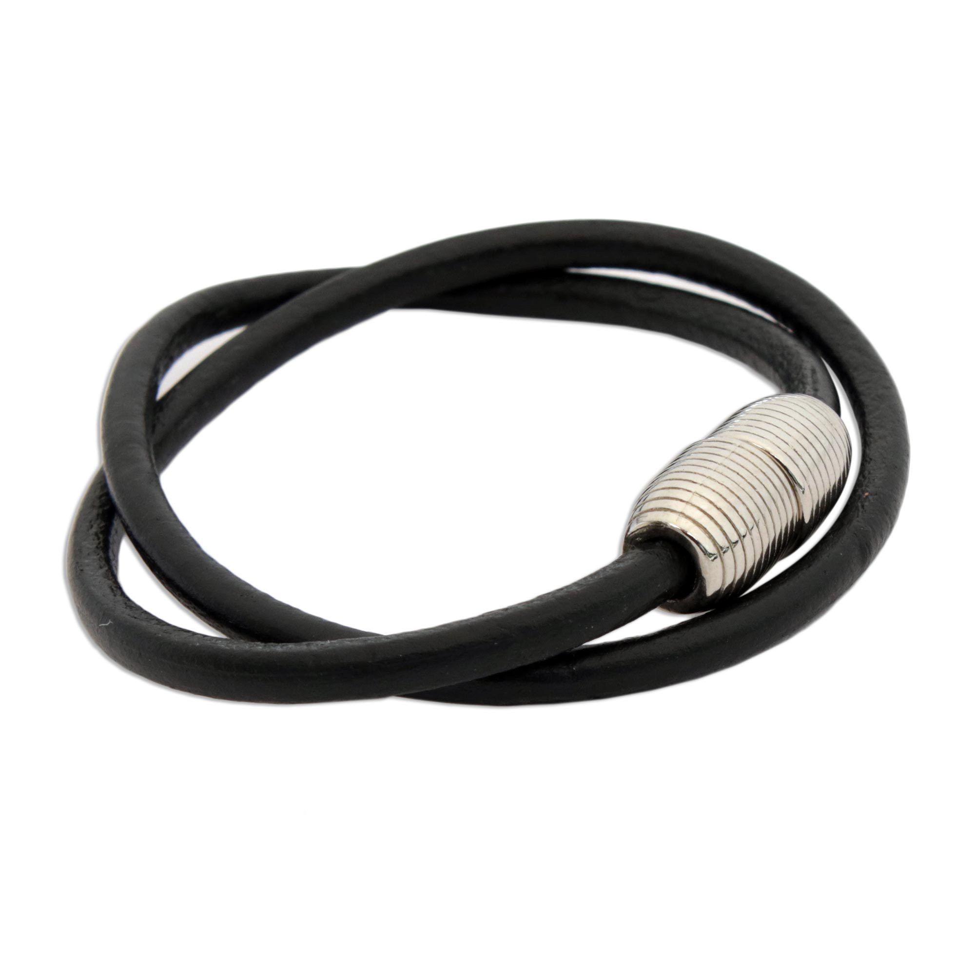 Men's Black Leather Cord Wrap Bracelet Steel Clasp Double