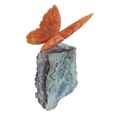 Calcite and amethyst gemstone sculpture, 'Orange Wings' - Orange Calcite and Amethyst Butterfly Gemstone Sculpture