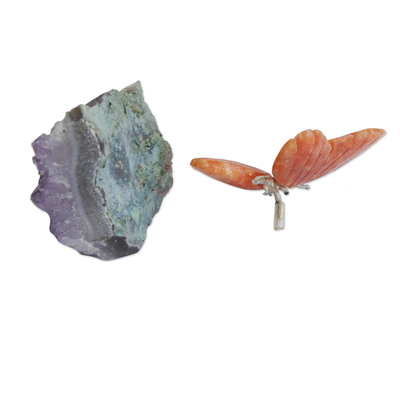 Calcit- und Amethyst-Edelsteinskulptur, „Orange Wings“ – Orangefarbene Calcit- und Amethyst-Schmetterlings-Edelsteinskulptur