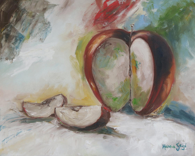 Liebe in Stücken. - Signiertes Stillleben-Gemälde eines Apfels aus Brasilien