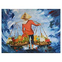'Vendedor de flores' - Pintura impresionista firmada de un vendedor de flores vietnamita