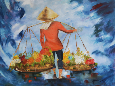 'Flower Seller' - Signed Impressionist Painting of a Vietnamese Flower Seller