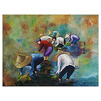 'Harvest in Hanoi' - Signed Expressionist Painting of Vietnamese Harvesters