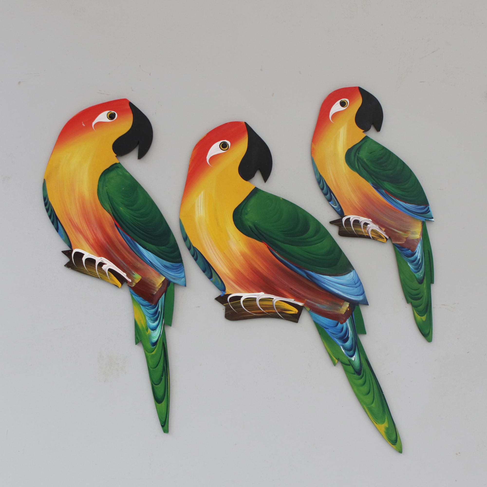 Hand-Painted Wood Parrot Wall Adornments (Set of 3) - Vibrant Parrots ...