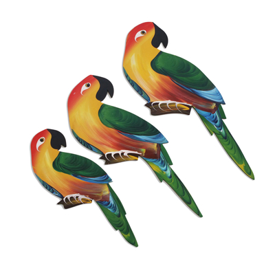 Pinewood wall accents, 'Vibrant Parrots' (set of 3) - Hand-Painted Wood Parrot Wall Adornments (Set of 3)
