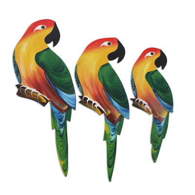 Pinewood wall adornments, 'Vibrant Parrots' (set of 3) - Hand-Painted Wood Parrot Wall Adornments (Set of 3)