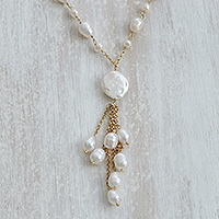 Gold-plated cultured pearl pendant necklace, 'Multitude Glow'