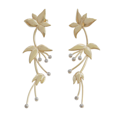 Rhodium accented gold plated brass drop earrings, 'Petal Cascade' - Floral Rhodium Accented Gold Plated Brass Drop Earrings