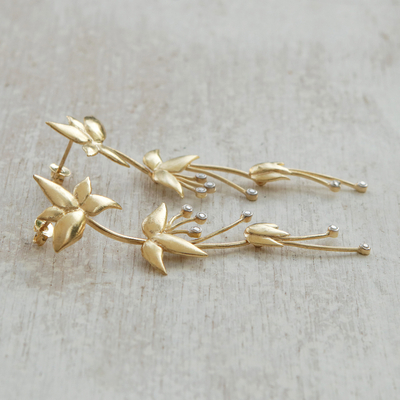 Rhodium accented gold plated brass drop earrings, 'Petal Cascade' - Floral Rhodium Accented Gold Plated Brass Drop Earrings