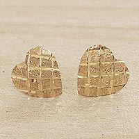 Gold stud earrings, 'Glittering Romance' - Heart-Shaped Solid 10k Gold Stud Earrings from Brazil