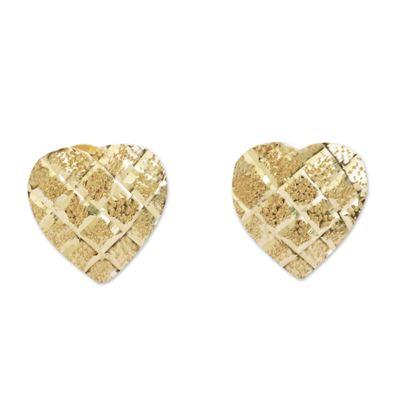 Gold stud earrings, 'Glittering Romance' - Heart-Shaped Solid 10k Gold Stud Earrings from Brazil