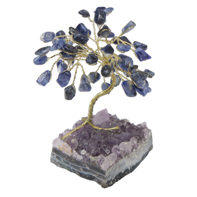 Sodalite and Amethyst Gemstone Tree Sculpture from Brazil