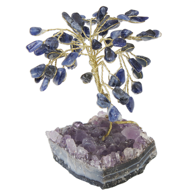 Escultura de piedras preciosas de sodalita - Escultura de árbol de piedras preciosas de sodalita y amatista de Brasil