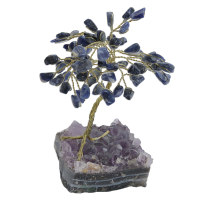 Sodalite gemstone sculpture, 'Little Tree' - Sodalite and Amethyst Gemstone Tree Sculpture from Brazil