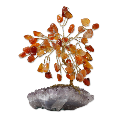 Escultura de piedras preciosas de cornalina - Escultura de árbol de piedras preciosas de cornalina y amatista de Brasil