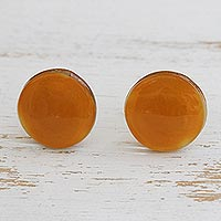 Fused glass button earrings, 'Honey Drops' - Gold-Orange Fused Glass Post Button Earrings