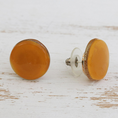 Pendientes de botón de vidrio fundido, 'Honey Drops' - Pendientes de botón de poste de vidrio fundido de oro y naranja