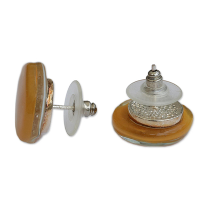 Knopf-Ohrringe aus geschmolzenem Glas, 'Honigtropfen'. - Gold-Orange-Ohrringe aus verschmolzenem Glas Sterling Silber Pfostenknopf-Ohrringe