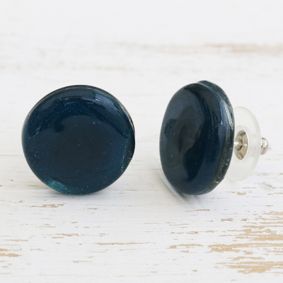 Fused glass button earrings, 'Deep Reflection' - Azure Blue Fused Glass Post Button Earrings
