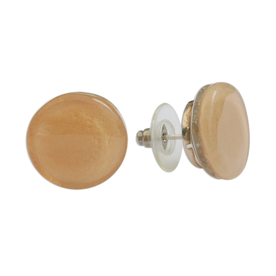 Pendientes de botón de vidrio artístico, 'Silken Sand' - Pendientes de botón de vidrio fundido beige